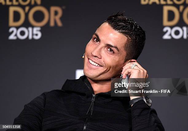 Ballon dOr 2015 nominee Cristiano Ronaldo of Portugal and Real Madrid answers media questions during the FIFA Ballon dOr 2015 press conference prior...