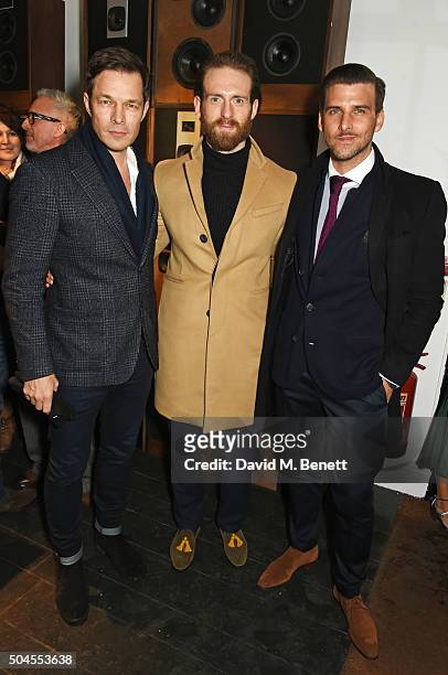 Paul Sculfor, Craig McGinlay and Johannes Huebl attend the LATHBRIDGE By Patrick Cox presentation during The London Collections Men AW16 on January...