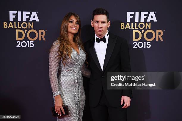 Lionel Messi of Argentina and FC Barcelona and his partner Antonella Roccuzzo attend the FIFA Ballon d'Or Gala 2015 at the Kongresshaus on January...