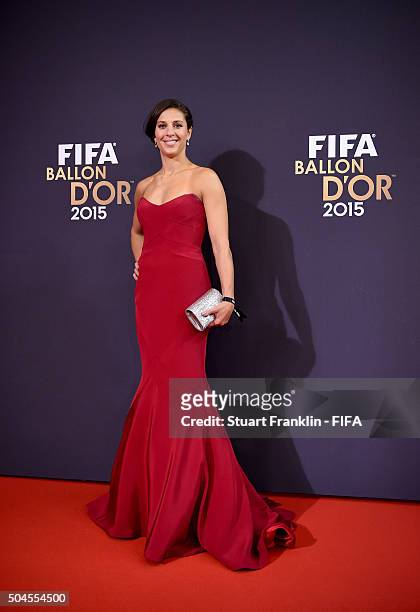 Women's World Player of the Year nominee Carli Lloyd of the United States and Houston Dash arrives for the FIFA Ballon d'Or Gala 2015 at the...