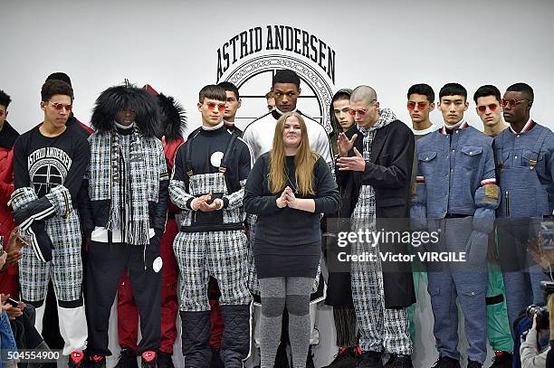 Fashion designer Astrid Andersen walks the runway at the Astrid Andersen show during The London Collections Men AW16 at Victoria House on January 9,...