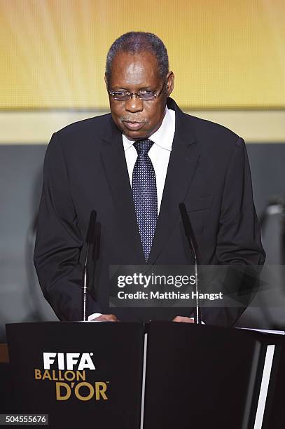 Acting FIFA President Issa Hayatou addresses the guests during the FIFA Ballon d'Or Gala 2015 at the Kongresshaus on January 11, 2016 in Zurich,...