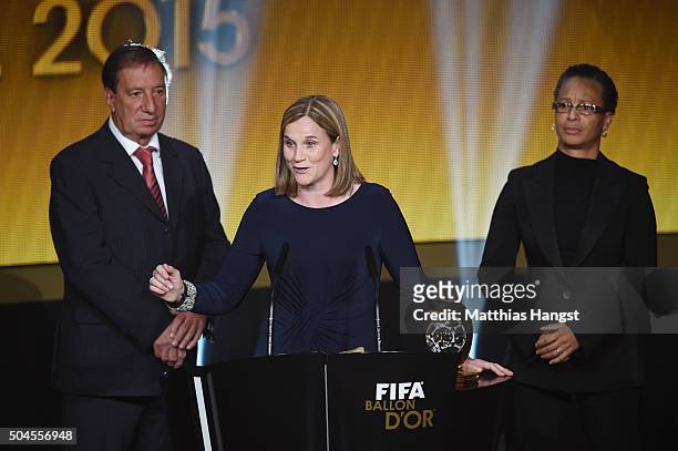 Jill Ellis, head coach of the United States women national football team speaks to the audience after receiving the FIFA World Women's Coach of the...