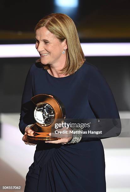 Jill Ellis, head coach of the United States women national football team receives the FIFA World Women's Coach of the Year Award during the FIFA...