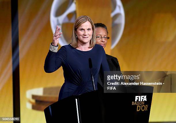 World Coach of the Year for Women's Football winner and United States Coach Jill Ellis of USA talks on stage during the FIFA Ballon d'Or Gala 2015 at...