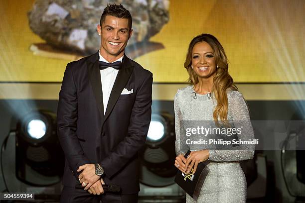 Ballon d'Or nominee Cristiano Ronaldo of Portugal and Real Madrid and presenter Kate Abdo look on during the FIFA Ballon d'Or Gala 2015 at the...