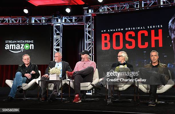 Eric Overmyer, Michael Connelly, Henrik Bastin, Pieter Jan Brugge and Titus Welliver speak on the panel for Bosch during the Amazon Winter 2016...