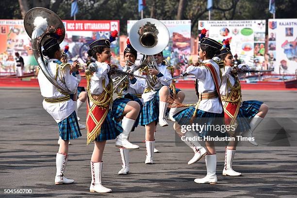 Girls scout band play at the NCC Republic Day Parade Camp on January 11, 2016 in New Delhi, India. The camp comprising 2,069 cadets, including 695...