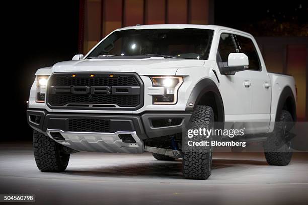 Ford Motor Co. F-150 Raptor pick up truck is unveiled during the 2016 North American International Auto Show in Detroit, Michigan, U.S., on Monday,...