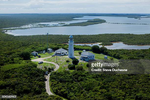 aerial view of the lighthouse of san salvador - bahamas aerial bildbanksfoton och bilder