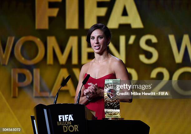 Women's World Player of the Year winner Carli Lloyd of the United States and Houston Dash accepts her award during FIFA Ballon d'Or Gala 2015 at the...