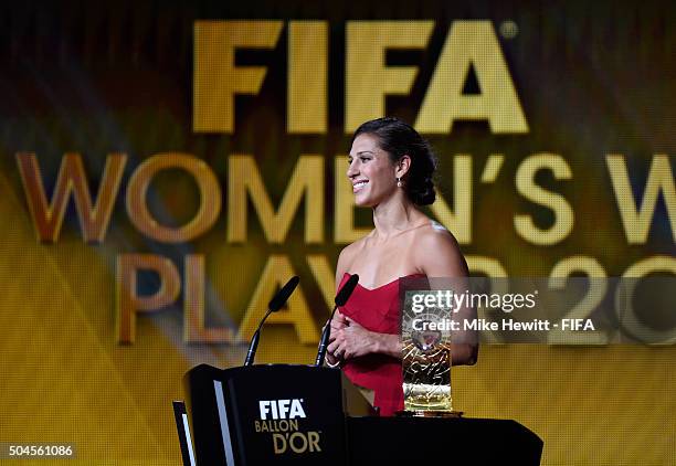 Women's World Player of the Year winner Carli Lloyd of the United States and Houston Dash accepts her award during FIFA Ballon d'Or Gala 2015 at the...