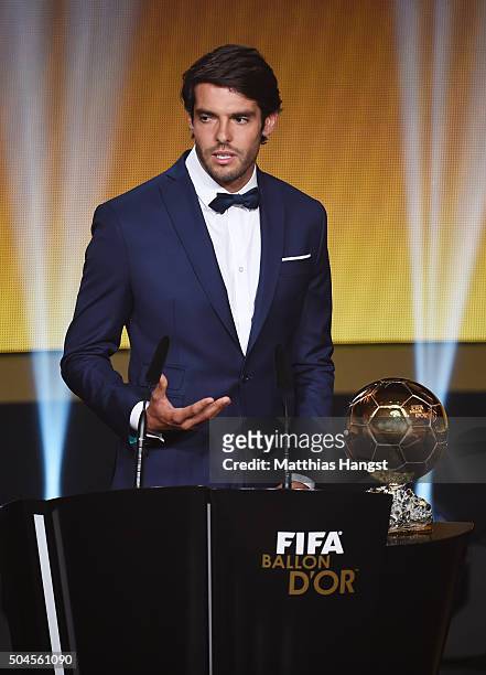 Kaka of Brazil speaks during the FIFA Ballon d'Or Gala 2015 at the Kongresshaus on January 11, 2016 in Zurich, Switzerland.