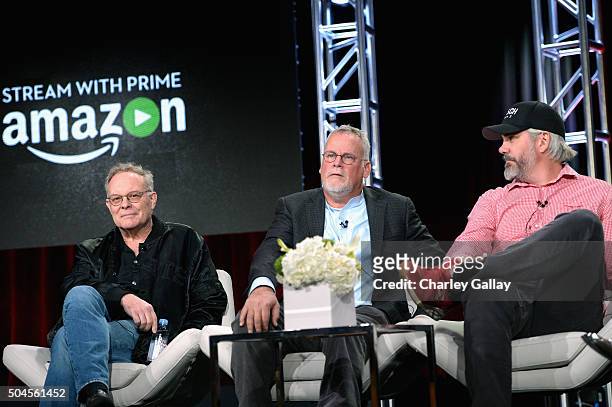 Executive producer Eric Overmyer, writer Michael Connelly executive producer Henrik Bastin sit on the panel for Bosch during the Amazon Winter 2016...