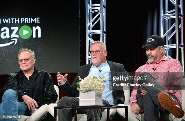 Executive producer Eric Overmyer, writer Michael Connelly and executive producer Henrik Bastin sit on the panel for Bosch during the Amazon Winter...