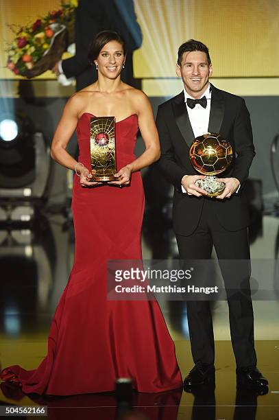 Carli Lloyd of USA and Houston Dash the recipient of the FIFA Women's World Player of the Year Award and Lionel Messi of Argentina and FC Barcelona...