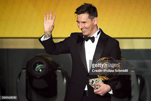 Ballon d'Or winner Lionel Messi of Argentina and FC Barcelona gestures after the FIFA Ballon d'Or Gala 2015 at the Kongresshaus on January 11, 2016...
