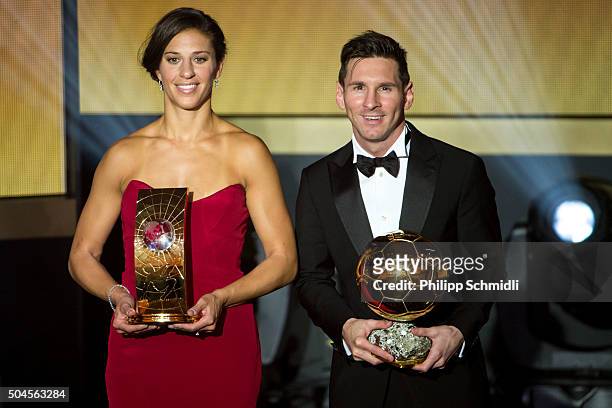 Women's World Player of the Year winner Carli Lloyd of the USA and Houston Dash and FIFA Ballon d'Or winner Lionel Messi of Argentina and FC...