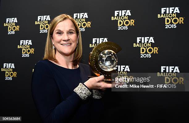 World Coach of the Year for Women's Football winner and United States Coach Jill Ellis of USA poses with her award after the FIFA Ballon d'Or Gala...
