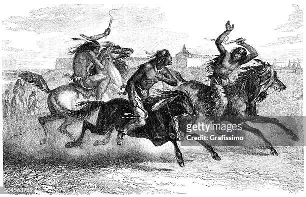 ilustraciones, imágenes clip art, dibujos animados e iconos de stock de nativos americanos riding caballos - indios apache
