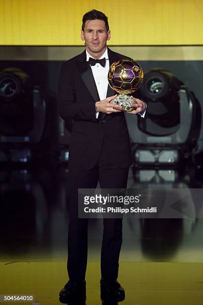 Ballon d'Or winner Lionel Messi of Argentina and FC Barcelona looks on during the FIFA Ballon d'Or Gala 2015 at the Kongresshaus on January 11, 2016...
