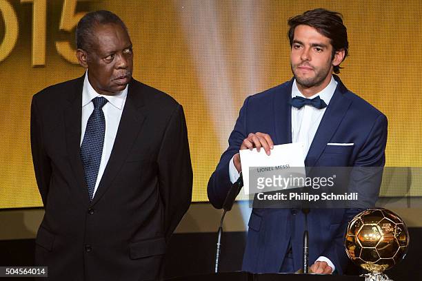 Acting FIFA President Issa Hayatou looks on as Kaka announces Lionel Messi as the winner of the FIFA Ballon d'Or during the FIFA Ballon d'Or Gala...