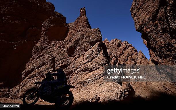 Spain's Helder Rodriguez powers his Yamaha during the Stage 8 of the 2016 Dakar Rally between Salta and Belen, Argentina, on January 11, 2016. AFP...