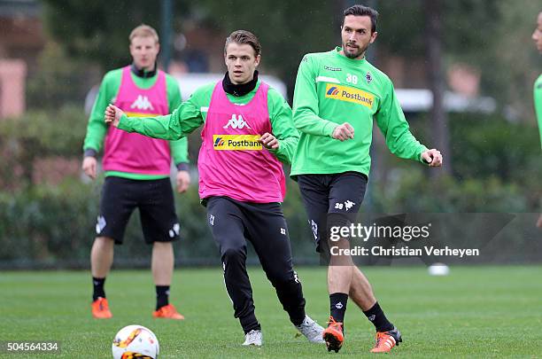 Nils Ruetten and Martin Stranzl during a training session on day 5 of the Borussia Moenchengladbach training camp on January 11, 2016 in Belek,...