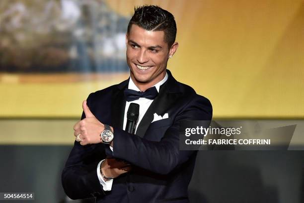 Real Madrid and Portugal's forward Cristiano Ronaldo gestures on stage during the 2015 FIFA Ballon d'Or award ceremony at the Kongresshaus in Zurich...