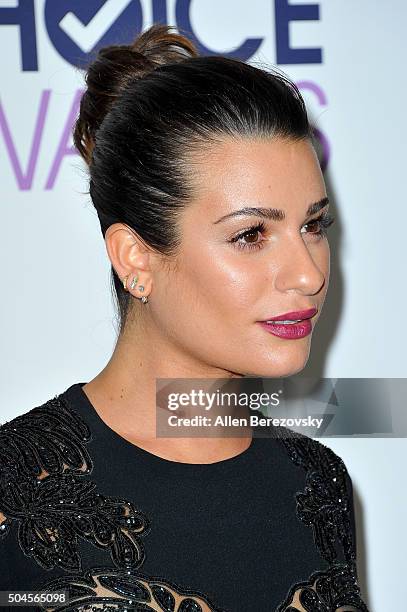 Actress Lea Michele poses for photos in the press room during the People's Choice Awards 2016 at Microsoft Theater on January 6, 2016 in Los Angeles,...