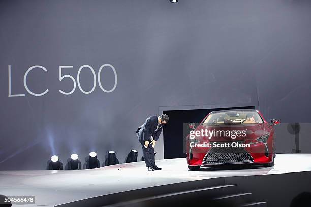 Akio Toyoda, president and CEO of Toyota Motor Corporation, introduces the Lexus LC 500 coupe at the North American International Auto Show on...