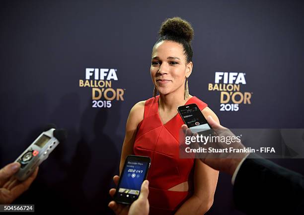 Women's World Player of the Year nominee Celia Sasic of Germany is interviewed after the FIFA Ballon d'Or Gala 2015 at the Kongresshaus on January...