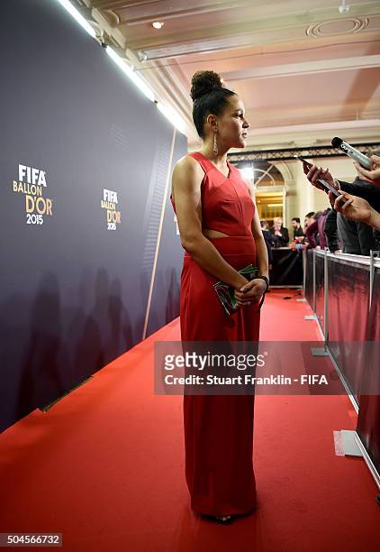 Women's World Player of the Year nominee Celia Sasic of Germany is interviewed after the FIFA Ballon d'Or Gala 2015 at the Kongresshaus on January...