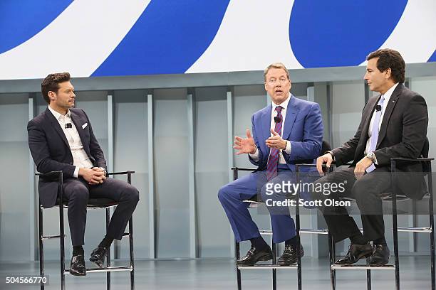 Radio and telivision personality Ryan Seacrest speaks with Bill Ford , Ford Motor Company's executive chairman, and Mark Fields, Ford's President and...