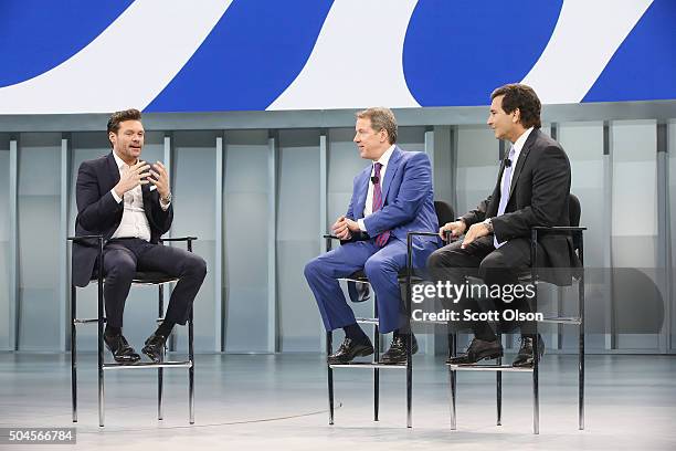 Radio and telivision personality Ryan Seacrest speaks with Bill Ford , Ford Motor Company's executive chairman, and Mark Fields, Ford's President and...