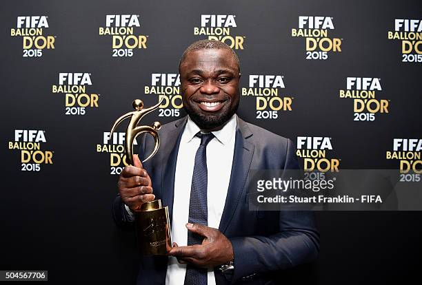Gerald Asamoah accepts the FIFA Fair Play Award on behalf of all football organisations supporting refugees after the FIFA Ballon d'Or Gala 2015 at...