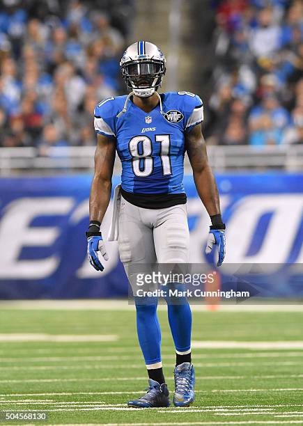 Calvin Johnson of the Detroit Lions looks on from the field during the game against the San Francisco 49ers at Ford Field on December 27, 2015 in...