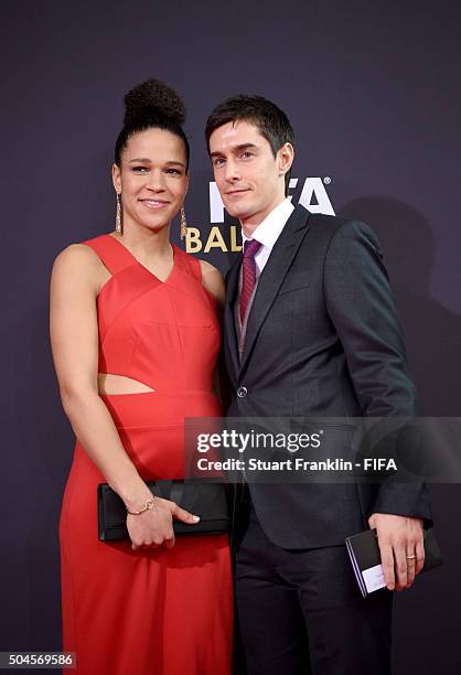 Women's World Player of the Year nominee Celia Sasic of Germany and Marko Sasic arrive for the FIFA Ballon d'Or Gala 2015 at the Kongresshaus on...