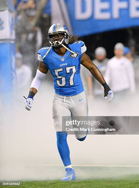 Josh Bynes of the Detroit Lions runs onto the field during player introductions prior to the game against the San Francisco 49ers at Ford Field on...