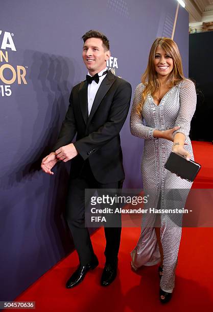 Ballon d'Or nominee Lionel Messi of Argentina and Barcelona and Antonella Roccuzzo arrive for the FIFA Ballon d'Or Gala 2015 at the Kongresshaus on...