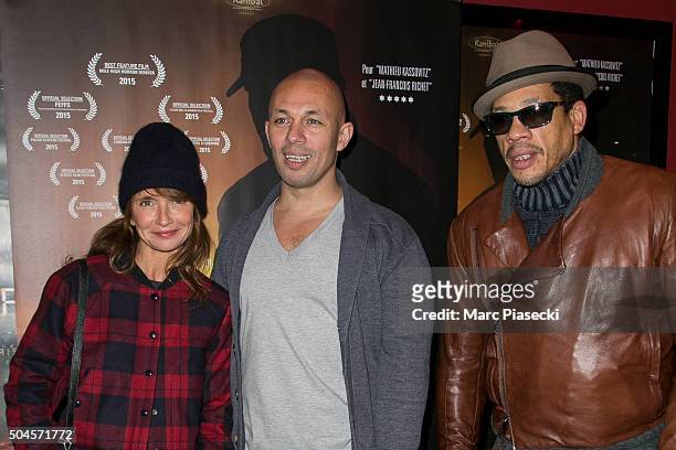 Axelle Laffont, Julien Seri and Didier Morville a.k.a. JoeyStarr attend the 'Night Fare' premiere at Drugstore Publicis Cinema on January 11, 2016 in...