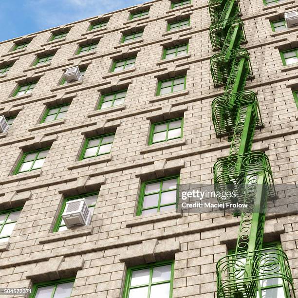 building facade and fire staircase - fire exit stock illustrations