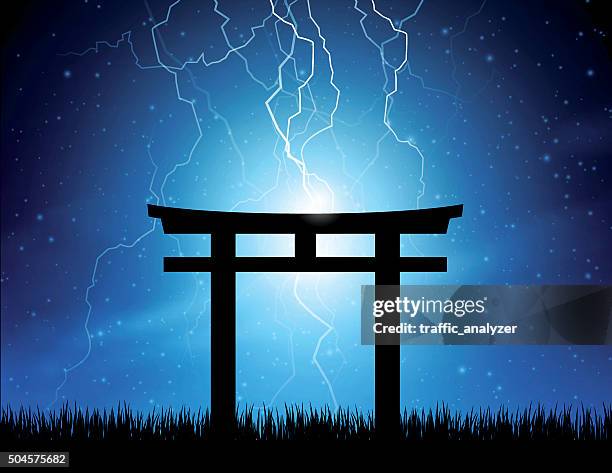 lightning strike torii gate - sun flare trees stock illustrations