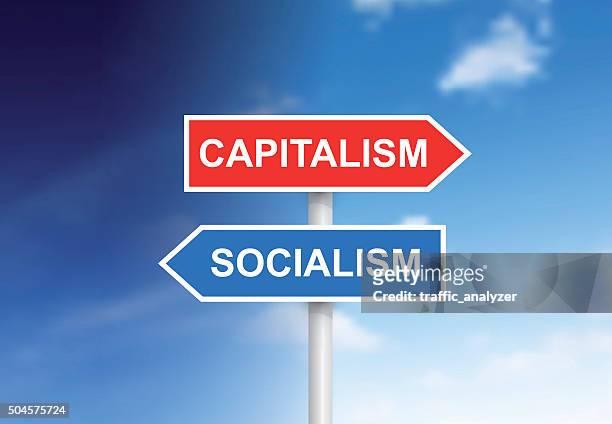 stockillustraties, clipart, cartoons en iconen met signs "capitalism" and "socialism" over sky - blue sky