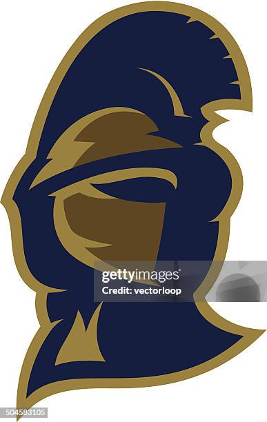 blue and gold trojan helmet icon on white - trojan helmet stock illustrations