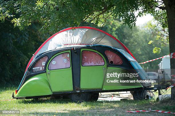citroen 2cv reconstructed as a camping trailer - citroen deux chevaux stock pictures, royalty-free photos & images