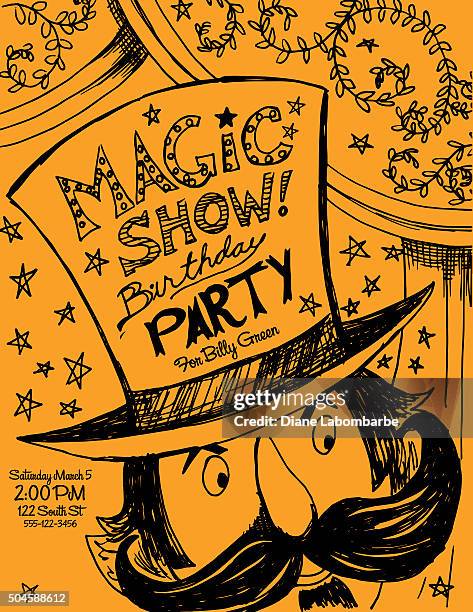 hand drawn magic show birthday party invitation template - magic show stock illustrations