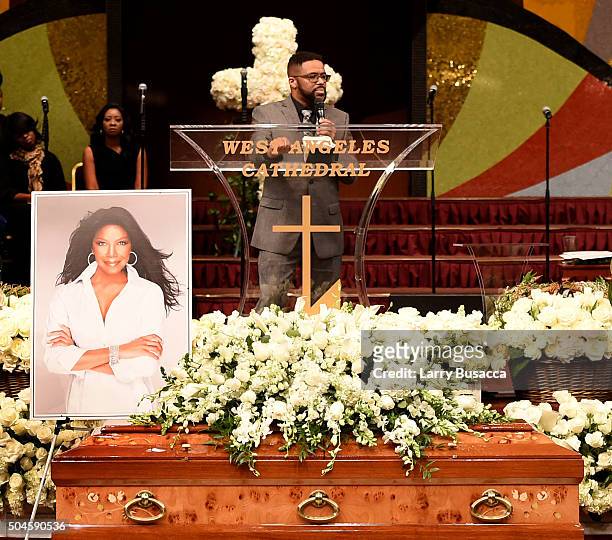 Robbie Yancy speaks at a Celebration Of Natalie Cole's Life at the West Angeles Church of God in Christ on January 11, 2016 in Los Angeles,...