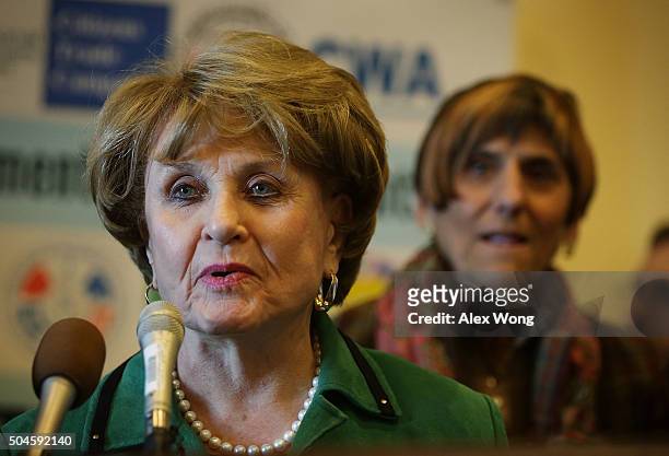 Rep. Louise Slaughter speaks as Rep. Rosa DeLauro listens during a news conference January 11, 2016 on Capitol Hill in Washington, DC. House...
