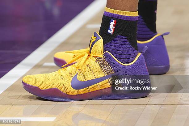 The shoes belonging to Kobe Bryant of the Los Angeles Lakers in a game against the Sacramento Kings on January 7, 2016 at Sleep Train Arena in...
